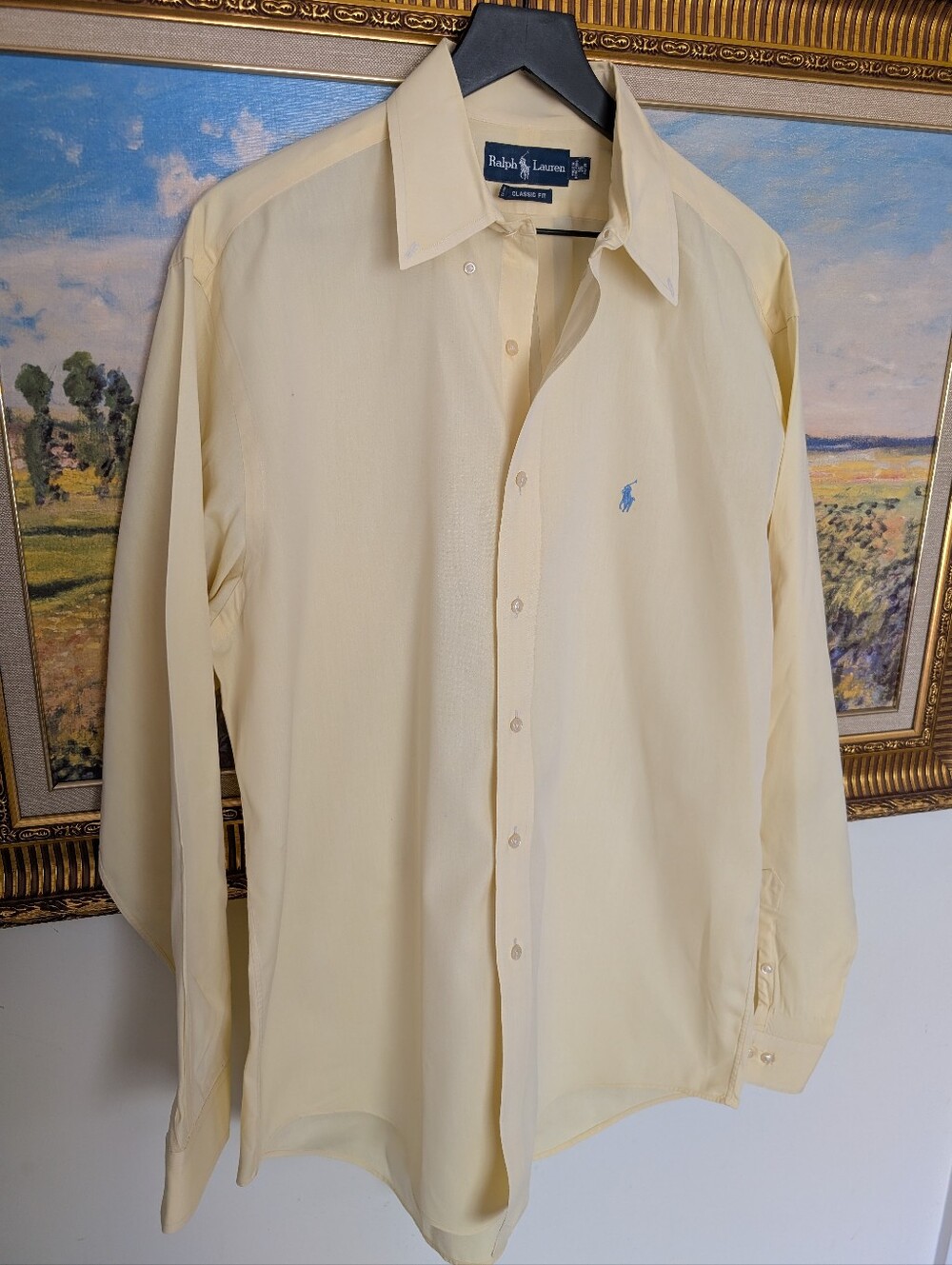 Ralph Lauren Pale Yellow Men's Dress Shirt with Blue Pony Logo